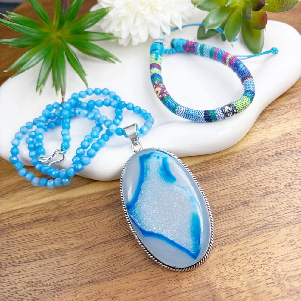 Huge Agate Window Druzy Pendant Necklace Jewelry Set Handmade Boho Southwest 925